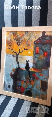 Ретро и съвременно платно - Изкуство "Черна котка и изгрев" с ярки оранжеви листа,, снимка 3 - Картини - 51995604