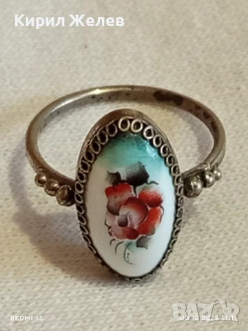 Винтидж сребърен пръстен с филигран и ръчно рисувана роза върху емайл 52426, снимка 6 - Пръстени - 52687113