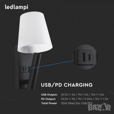 LED Аплик 2W  С USB/PD Порт Черен Топло Бяла Светлина, снимка 2 - Лампи за стена - 39671501
