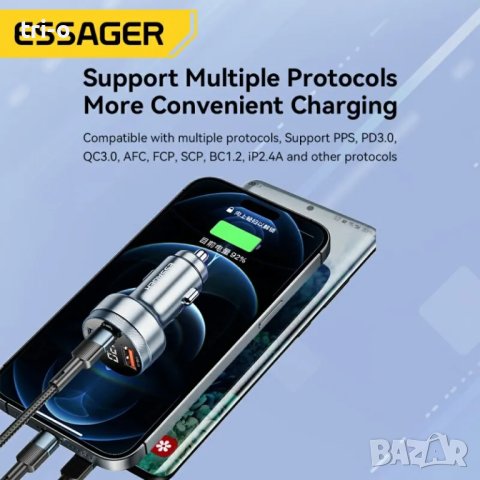 Essager 80W метално зарядно за автомобил 2хUSB+Type C / Fast Charging, снимка 6 - Зарядни за кола - 41851409