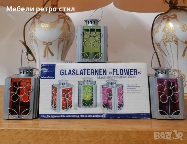 Комплект красиви декоративни фенери''Glaslaternen / Flower/ с флорален дизайн от стъкло и метал., снимка 6 - Декорация за дома - 51935697