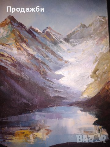 Красива картина маслени бои в/у платно "Рилско езеро" '94, снимка 5 - Картини - 41749898