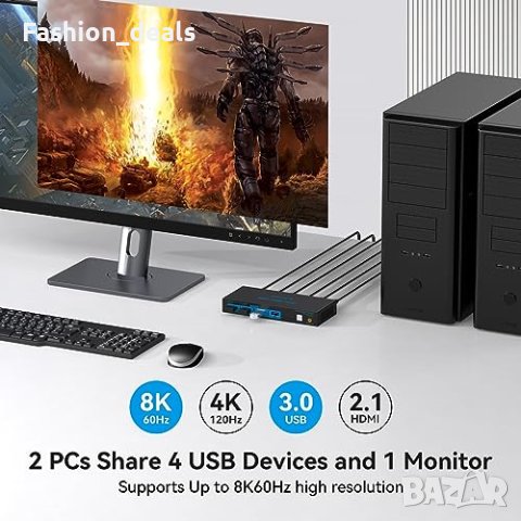 Нов превключвател за 2 компютъра Споделят 1 монитор и 4 USB 3.0 Аксесоар лаптоп част Хъб, снимка 4 - Друга електроника - 42479294