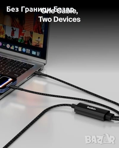Нов заряден Belkin 2 в 1 USB-C към 2x USB-C кабел 140W PD плетен 1.5м, снимка 2 - Друга електроника - 53692352
