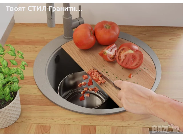 Сива кръгла кухненска гранитна мивка Пиза 50 Top 530 x 530 мм, снимка 4 - Мивки - 51286309