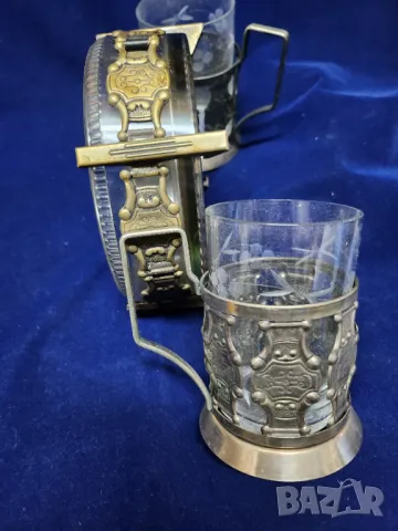 подстакани - комплект 6 броя, мод. Латы ( Броня), мелхиор, посребрени+ стъкл.чаши+ захарница от СССР, снимка 5 - Други стоки за дома - 47009431