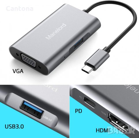 USB C хъб Manelord, VGA, 4K HDMI, двоен дисплей, 87W PD порт, USB 3.0, снимка 2 - Други - 35723486