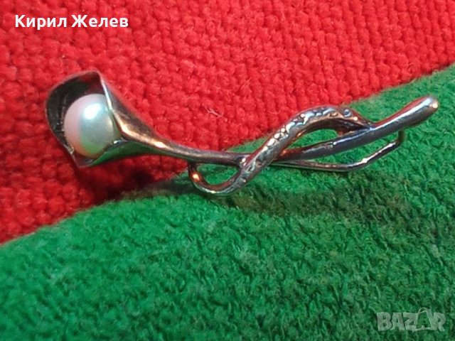 АР НУВО ПЕРЛЕНА СРЕБЪРНА БРОШКА СРЕБРО 925 с БЯЛА ПОЗЛАТА и ЕСТЕСТВЕНА БЯЛА ПЕРЛА РЪЧНА РАБОТА 43322, снимка 3 - Антикварни и старинни предмети - 44692766