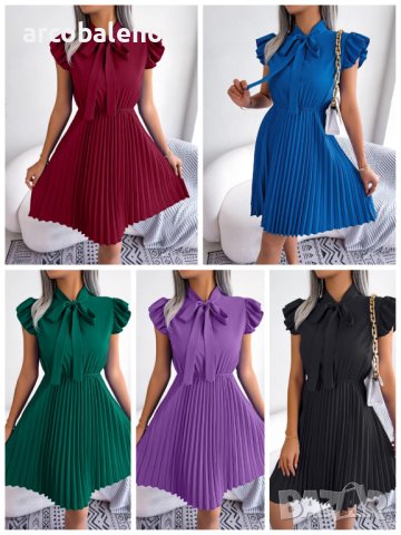 Дамска темпераментна плисирана рокля с панделка на яката, 5цвята 