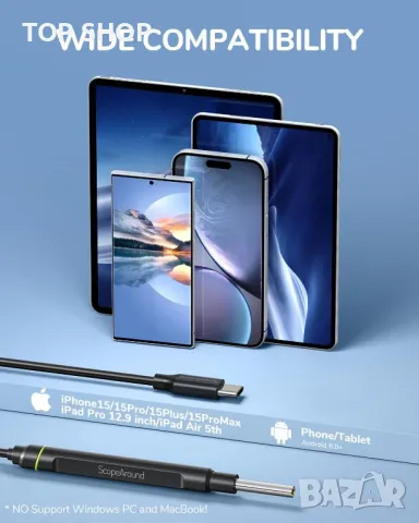 ScopeAround Камера за уши с отоскоп, за отстраняване на ушна кал, съвместим с iPhone 15/ Android, снимка 5 - Тримери - 49333002