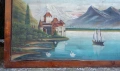 Стара антикварна маслена картина - пейзаж с езеро и замък от Алпите, голям размер 80см / 170см., снимка 3