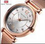 Нов луксозен дамски ръчен часовник с метална верижка и закопчалка в цвят розово злато.