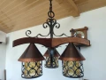 Красив старинен полилей съчетание от дърво, ковано желязо, метални капаци в меден цвят и стъкленици , снимка 3