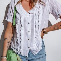 Дамска блуза в бяло с къс ръкав и къдрички, снимка 4 - Корсети, бюстиета, топове - 40828494