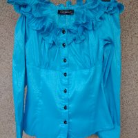 Дамска стилна блуза от небесно син копринен еластичен плат, снимка 2 - Блузи с дълъг ръкав и пуловери - 40574652