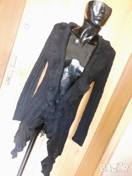 Дълга черна жилетка плетиво с къдри С/М, снимка 1