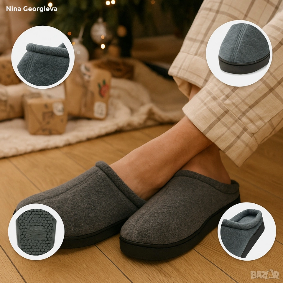 Топли и удобни домашни чехли в сив/ светло кафяв цвят, снимка 1
