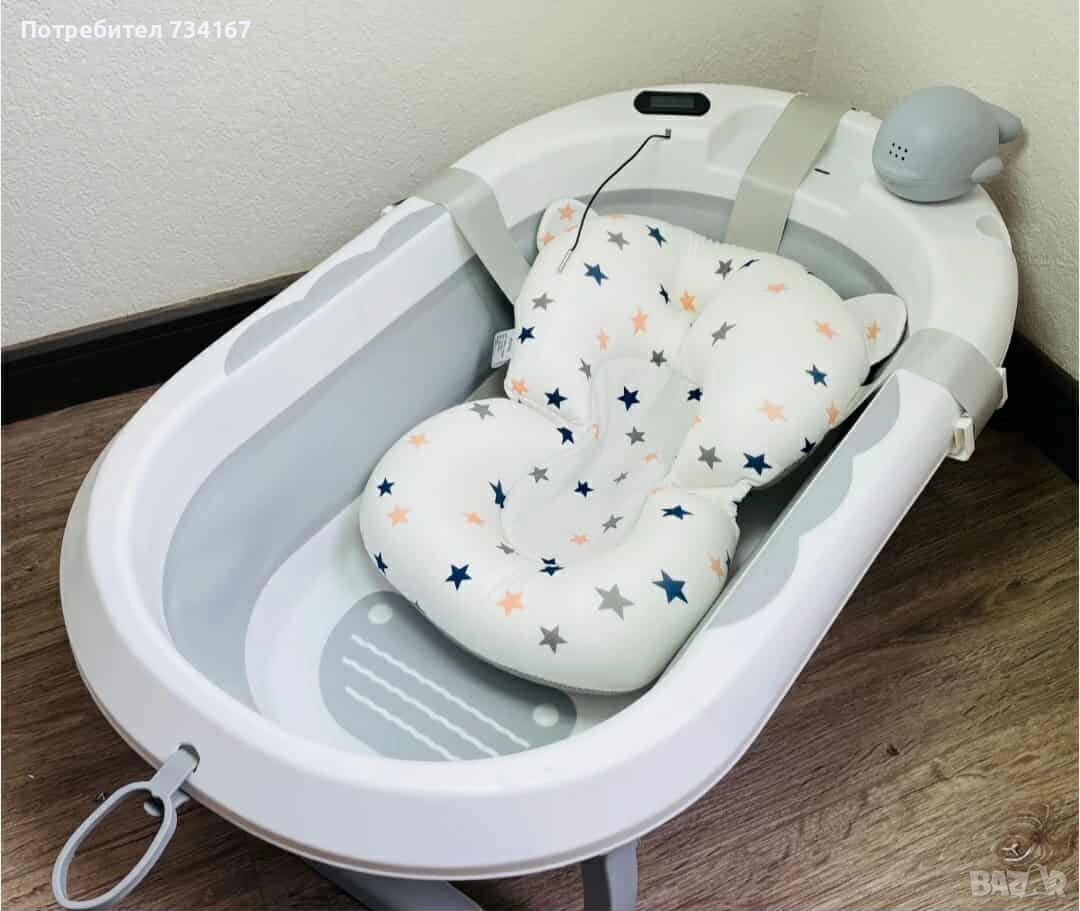 Сгъваема бебешка вана с термометър и възглавница, снимка 1