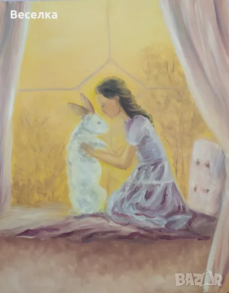 Рисувана картина с маслени бои, момиче със зайче, снимка 1