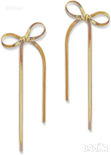 Обеци Siribelle със златна панделка - модни елегантни дълги обеци за чувствителни уши, снимка 1