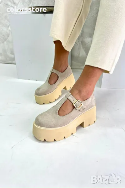 Обувки на платформа - бежов велур - VS59, снимка 1