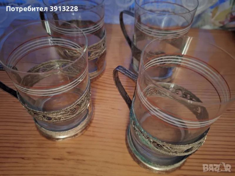 Чаши за чай 4 бр с подстаканчици, снимка 1