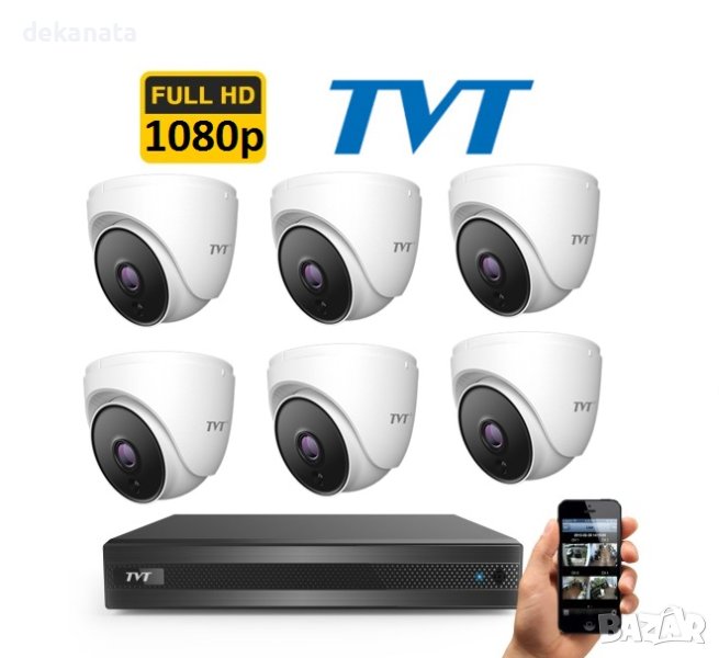 TVT FULL-HD Комплект с 6 FULL-HD TVT IR камери за вътрешен монтаж и хибриден DVR TVT, снимка 1