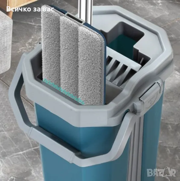 Комплект за почистване с плосък моп и кофа със система за изстискване, снимка 1
