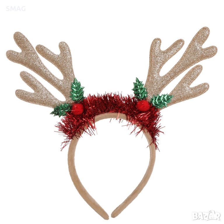 Коледна диадема еленски рога с плодчета и шампанско брокат 14 см_1255082, снимка 1