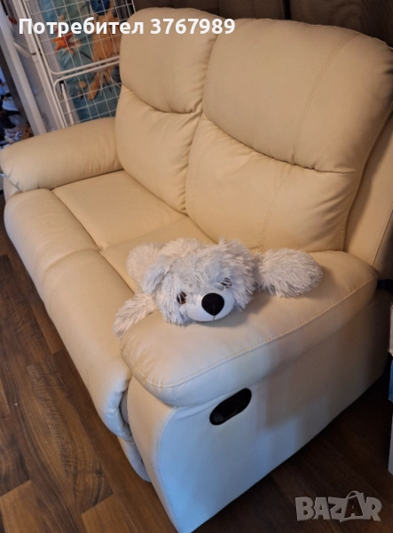 Кожен двуместен диван с лежанка. Реклайнер Дрим, двойка /с ръчен механизм/ бежов. , снимка 1