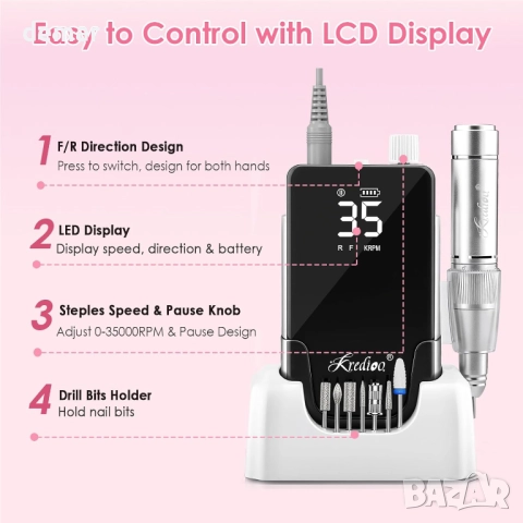 Kredioo пила за нокти 35 000 об/мин, преносима 2-в-1 настолна акумулаторна, снимка 4 - Продукти за маникюр - 52303002