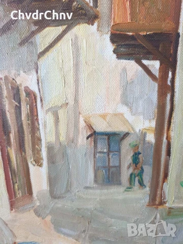 Kazakos 82х67см Казакос/голяма стара гръцка картина масло върху платно/възрожденски къщи/дърворезба, снимка 4 - Картини - 51404425