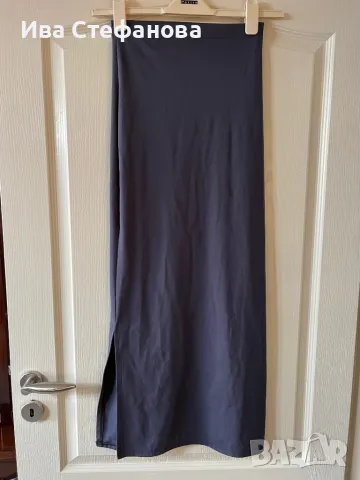 Нова дълга висока елегантна еластична класическа пола сива сиво трико с цепка 