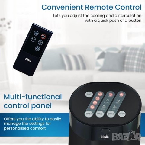 Вентилатор Ansio 1125 45W Колонен вентилатор 3 степени Дистанционно управление Таймер, снимка 2 - Вентилатори - 42141267
