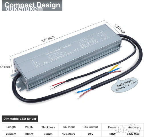 LED драйвер 24V 60W димируем IP67 – водоустойчив, снимка 2 - Лед осветление - 53173403