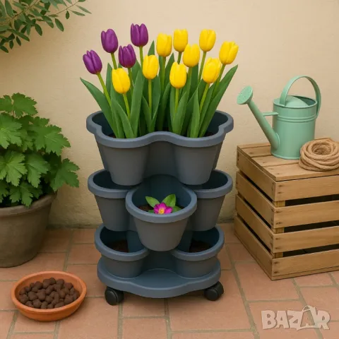 Многоетажна градинска кула с колела – модулен цветарник за дом и градина, снимка 2 - Градински мебели, декорация  - 50204986