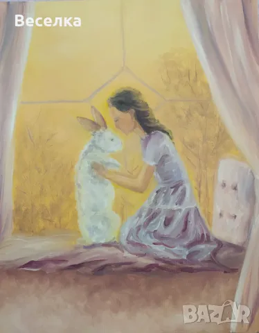 Рисувана картина с маслени бои, момиче със зайче