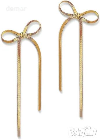 Обеци Siribelle със златна панделка - модни елегантни дълги обеци за чувствителни уши