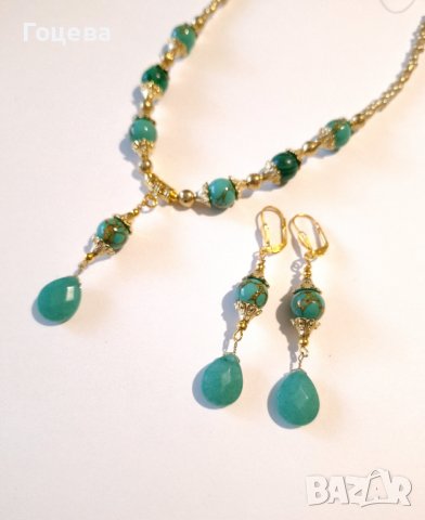Разкошен комплект бижута обици и колие с камъни Нефрит и Азурит и орнаменти в цвят Антично злато, снимка 11 - Бижутерийни комплекти - 42512511