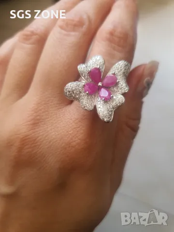 Сребърен Пръстен Цвете с Рубини, снимка 3 - Пръстени - 49792655