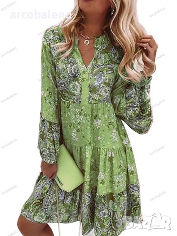 Дамска мини рокля с V-образно деколте и щампована флорална мозайка с дълги ръкави, 3цвята, снимка 6 - Рокли - 41244682