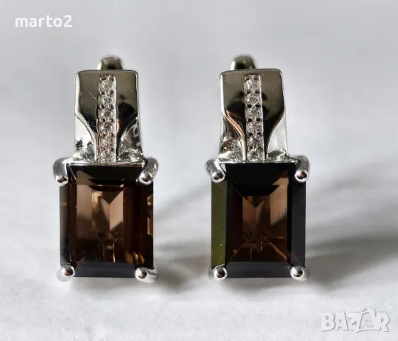 Прекрасни Сребърни 925 Обеци с Родиево покритие и Натурален Опушен Кварц (Раух Топаз) и Циркони!