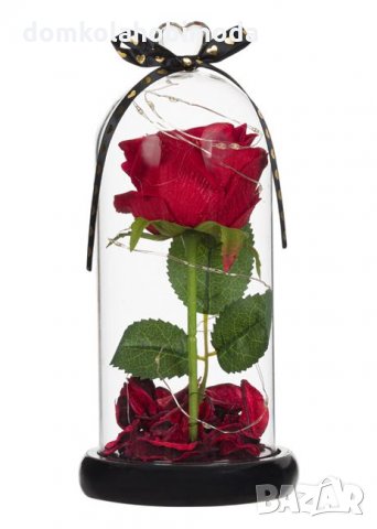 Изкуствена роза под стъклен похлупак, Дървена основа, Лед осветление, 11x24 см, снимка 2 - Подаръци за жени - 35761357