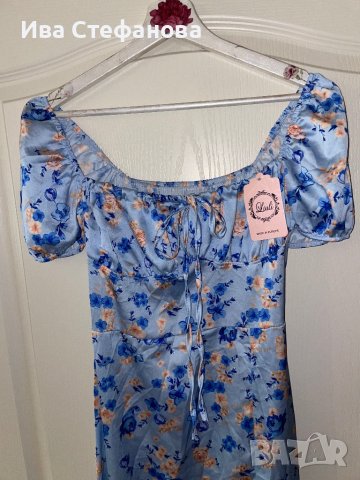 Нова етикет дълга синя буфан ръкав цепка  ежедневно елегантна рокля флорален принт  нежни цветя , снимка 6 - Рокли - 41348334