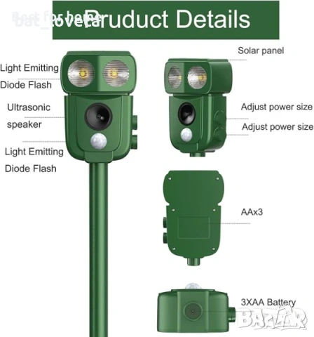 Соларен ултразвуков репелент, водоустойчив срещу диви животни, снимка 7 - Оранжерии - 53666214