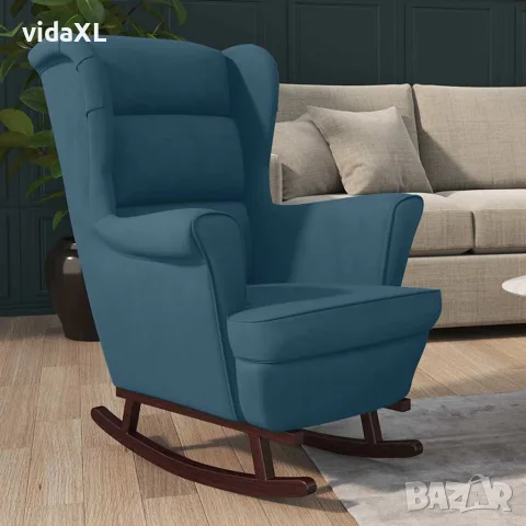 vidaXL Люлеещ се стол с облегалка, син кадифе и масивно дърво, снимка 3 - Столове - 56146912