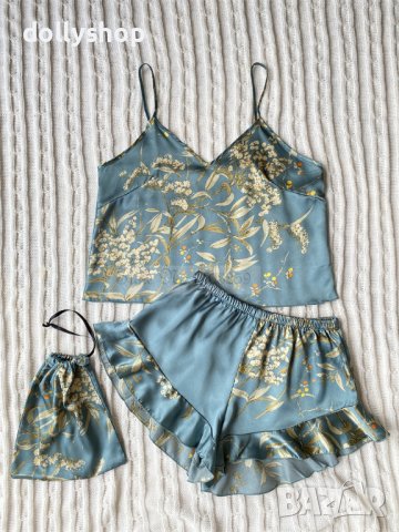 Дамски Спален Комплект от Сатен в Две Части - потник и шорти в синьо, снимка 4 - Бельо - 44390002