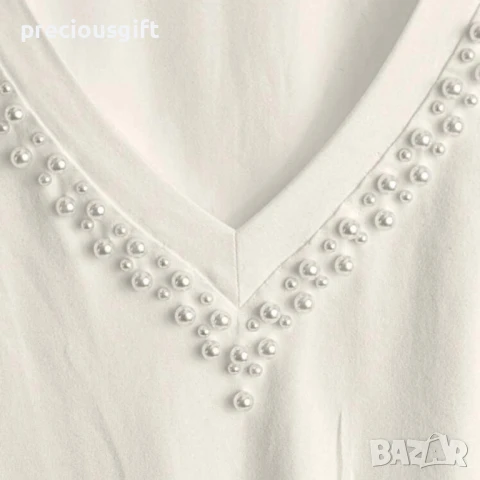 Дамска бяла тениска с перли, снимка 3 - Тениски - 51267627