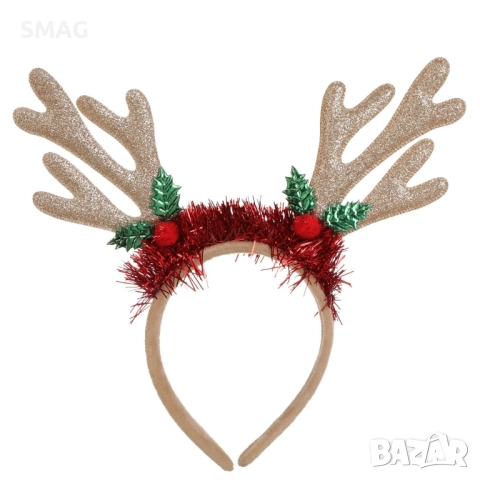 Коледна диадема еленски рога с плодчета и шампанско брокат 14 см_1255082