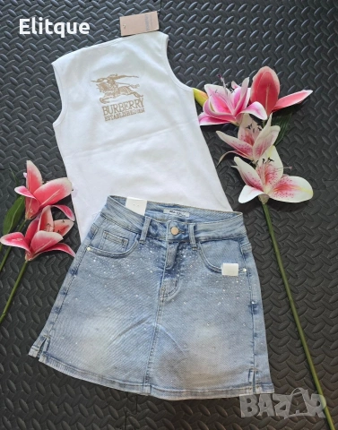 дамски комплекти потник Burberry chanel и пола деним с камъни , снимка 3 - Комплекти - 53578529